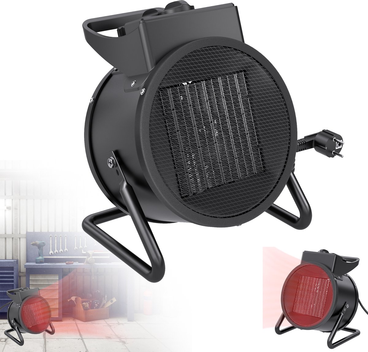 3000W keramische kachel, elektrische kachel met PTC-verwarmingselement en verstelbare beugel, elektrische kachel, ventilatorkachel, voor garage, bouwplaats, werkplaats, zwart