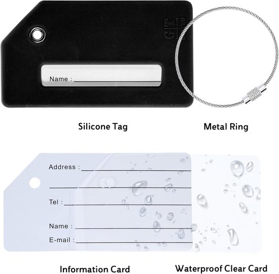 5-Pack siliconen bagagelabel voor koffers met roestvrijstalen lus, privacybescherming, reisbenodigdheden met labels - zwart