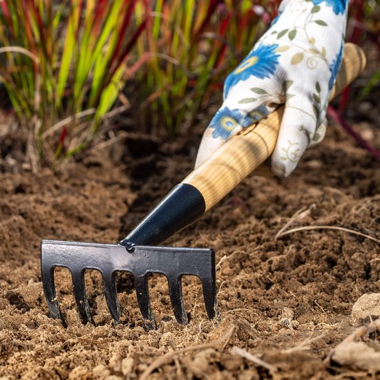 KADAX Kleine hark van metaal, hark met steel van hout, bladhark, bladhark, gazonhark voor tuin, hark, handhark, kleine waaierbezem (6 tanden, zwart, zwart) van KADAX — afbeelding 3