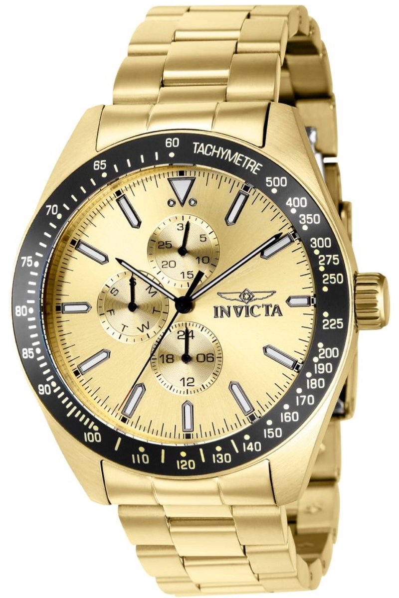 Invicta Aviator 38970 Heren Horloge - Waterdicht - Analoog - Quartz Uurwerk - Roestvrij Staal met gouden Wijzerplaat - 45mm