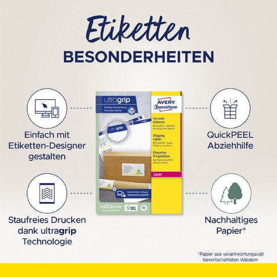 AVERY® doelformulier Verzendetiketten, ondoorzichtig, rechthoekig, voor alle laserprinters van verschillende formaten, wit, voor alle laserprinters.