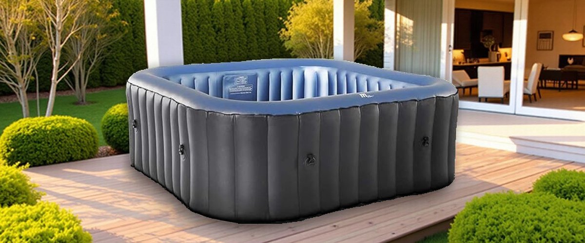 Luxe Opblaasbare Jacuzzi voor 6 Personen – Vierkante Whirlpool 185x185x68 cm – 132 Bubbeljets, PTC Verwarming tot 42°C, TÜV Getest, Inclusief Isolatiecover & Bodemmat