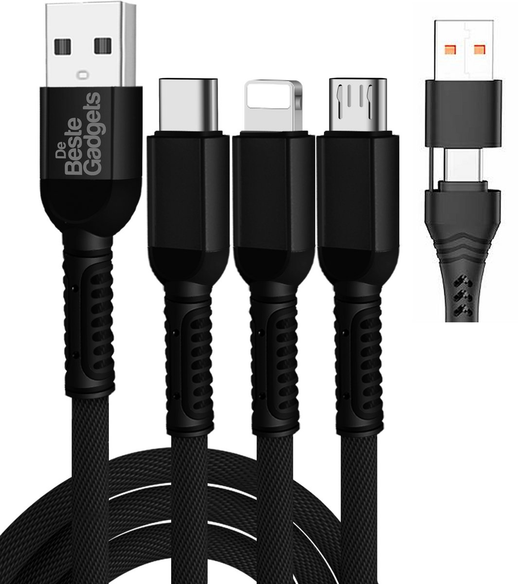 Bol.com De Beste Gadgets Oplaadkabel 3 in 1 Zwart - Lightning/USB-C/MicroUSB - Geschikt voor iPhone, iPad en Android apparaten aanbieding