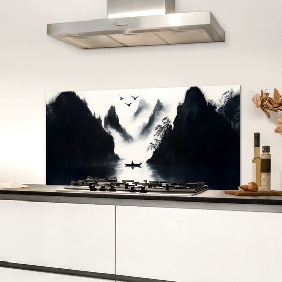 Spatscherm keuken 80x40 cm - Kookplaat achterwand Roeiboot - Mistig - Bergen - Vogels - Muurbeschermer - Spatwand fornuis - Hoogwaardig aluminium