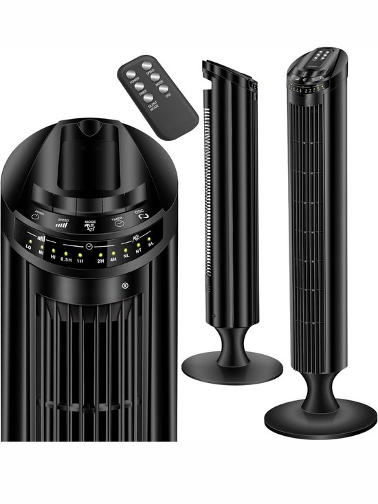 Ventilator Toren 90 cm Zwart met Afstandsbediening, Timer, Turbofunctie, 90° Oscillatie, Stilstaand