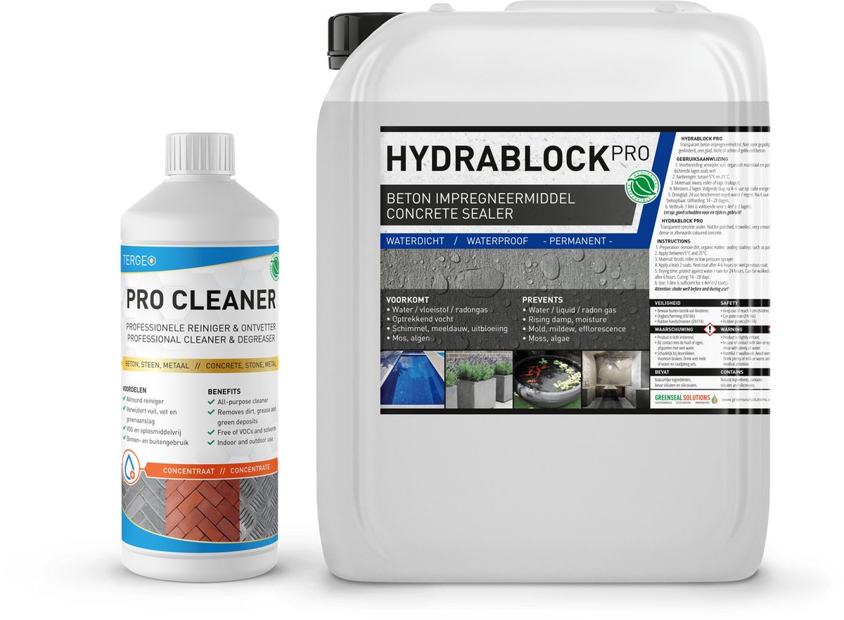 Beton waterdicht maken - Nano Coating - Beton impregneermiddel - Kelderdichting - Opstijgend vocht - Hydrablock Pro 10L (40m2) + 1L Krachtige Beton reiniger Tergeo Pro Cleaner