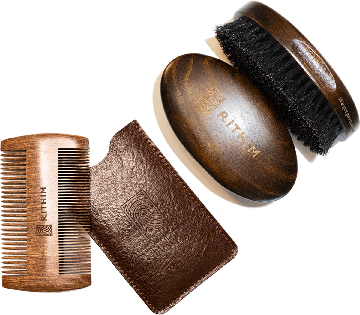 Rithim® Baardborstel & Baardkam Set – Natuurlijke Zwijnenhaar – Kersenhout – Inclusief Etui