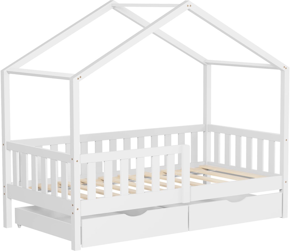 ml-design kinderbed huisbed 80x160 cm wit houten bed met 2 lades valbeveiliging lattenbodem en dak speelbed van massief grenenhout Montessori vloerbed kinderkamer bedframe speelhuis bed voor kinderen meisjes jongens juniorbed houten kinderhuisbed