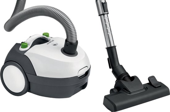 Witte en antracietkleurige stofzuiger met groene knoppen, naast een zwarte zuigmond.