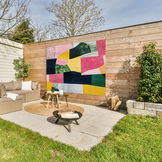 Affiche de jardin 160x120 cm - Décoration de jardin Abstrait - Rose - Patchs - Formes - Jaune - Affiche pour le jardin - Décoration extérieure - Tableau de jardin clôture - Décoration murale en tissu de jardin - Décoration murale en tissu de balcon