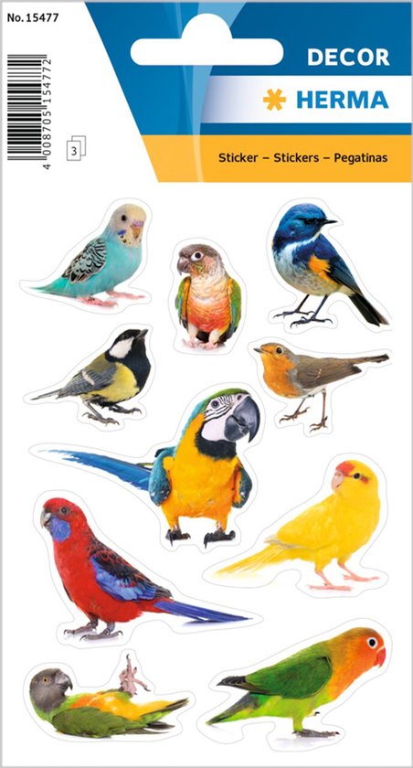 Sticker vel met 9 diverse vogelstickers: parkiet, gierzwaluw, koppel papegaaien, roodwangparkiet, putter, geelbuik parkiet, putter, bonte parkiet.