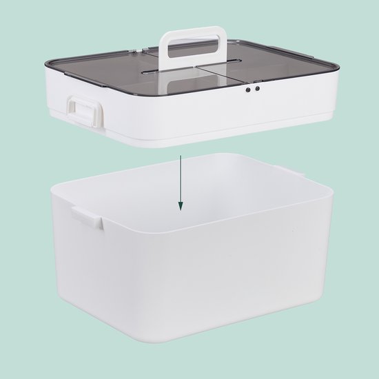 Witte opbergdoos met een transparant grijze deksel met handvat, los van elkaar.