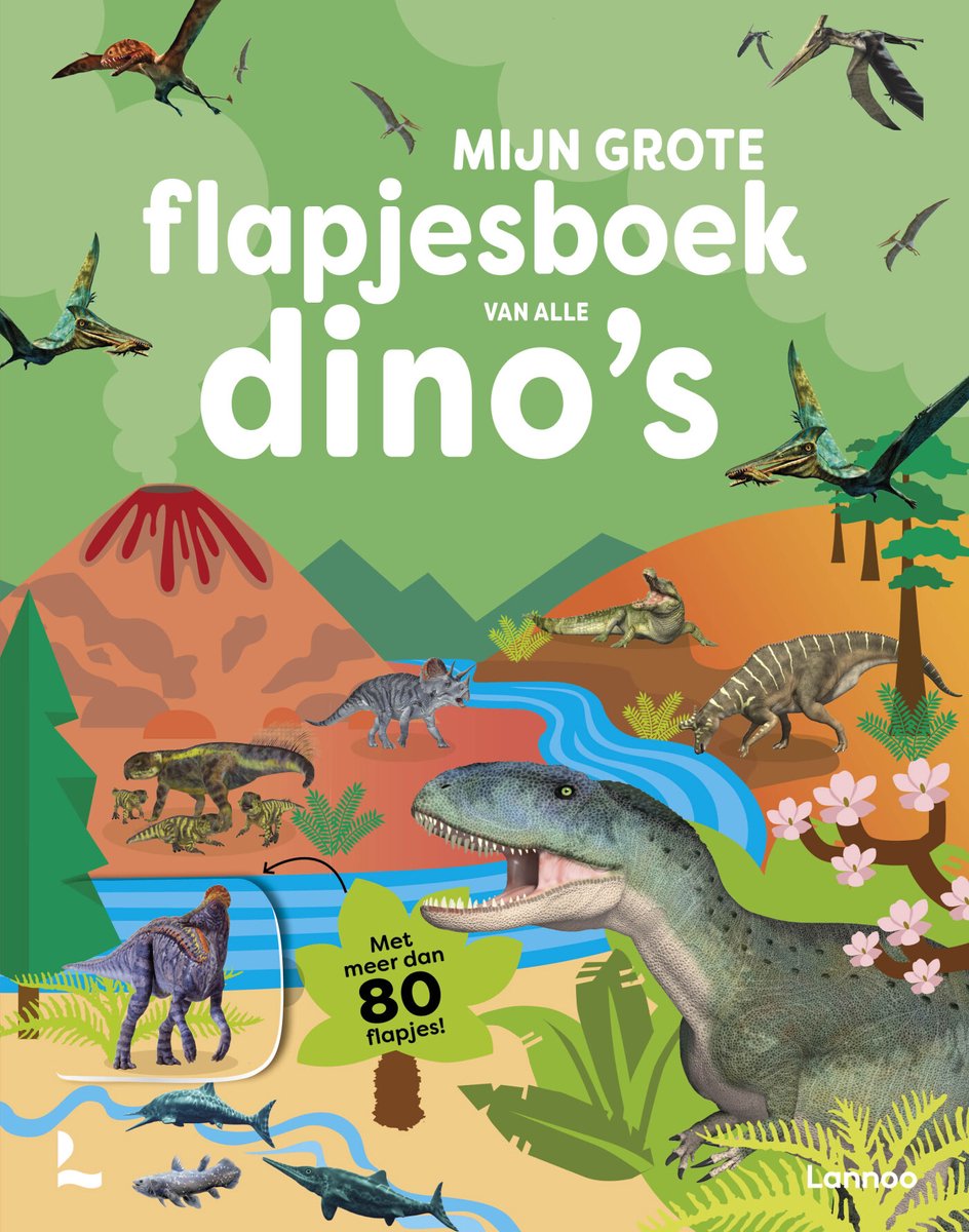 Kinderboek met de titel 'Mijn grote flapjesboek van alle dino's' en illustraties van diverse dinosaurussen.