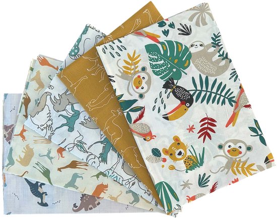 BINK Bedding - 5 patchs - Quilt Patchwork - Animaux 60 x 40 cm. Set = 5 patchs - animaux de la jungle - animaux de safari - dinosaure - imprimés animaux - multicolore