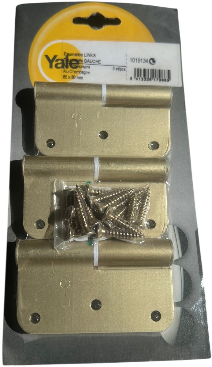 Yale Aluminium zware Kwaliteit Scharnieren / Paumelle Champagne 80 mm x 80 mm links 3 stuks afgeronde hoeken incl schroeven