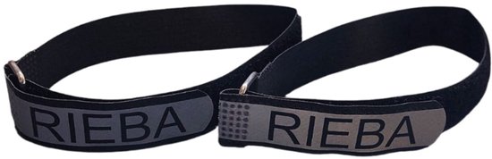 Twee zwarte broekklemmen, een met klittenband en een met gesp, beide met 'RIEBA' logo.