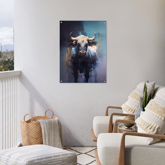Tuinposter 60x80 cm - Tuindecoratie Stier - Zwart - Abstract - Horens - Poster voor in de tuin - Buiten decoratie - Schutting tuinschilderij - Tuindoek muurdecoratie - Wanddecoratie balkondoek
