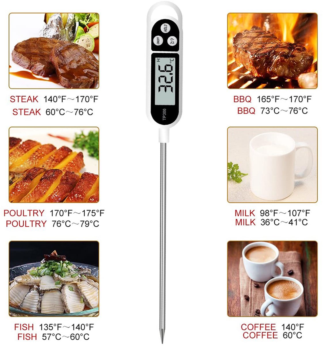 Digitale Keukenthermometer- Zeer nauwkeurige thermometer voor koken met roestvrijstalen sonde voor braden, grillen en koken. Meetbereik -50 °C tot 300 °C. — cadeau in Cadeau-ideeën - foto 3