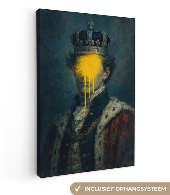 Canvas schilderij 40x60 cm - Wanddecoratie Koning - Portret - Druipende gele verf - Muurdecoratie woonkamer - Slaapkamer decoratie - Kamer accessoires - Schilderijen op canvas