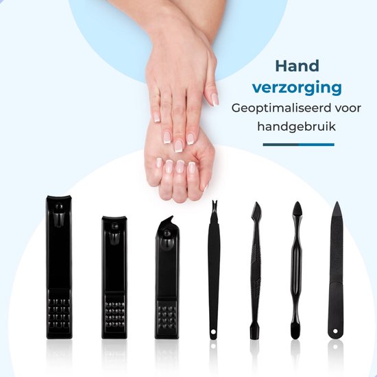 Handverzorgingsset met diverse zwarte tools, waaronder nagelknippers, pincetten, een schaar en een vijl.