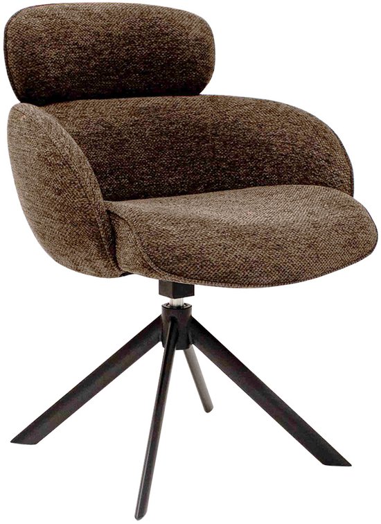 Chaise de salle à manger marron avec dossier et assise rembourrés, sur un piètement pivotant noir.