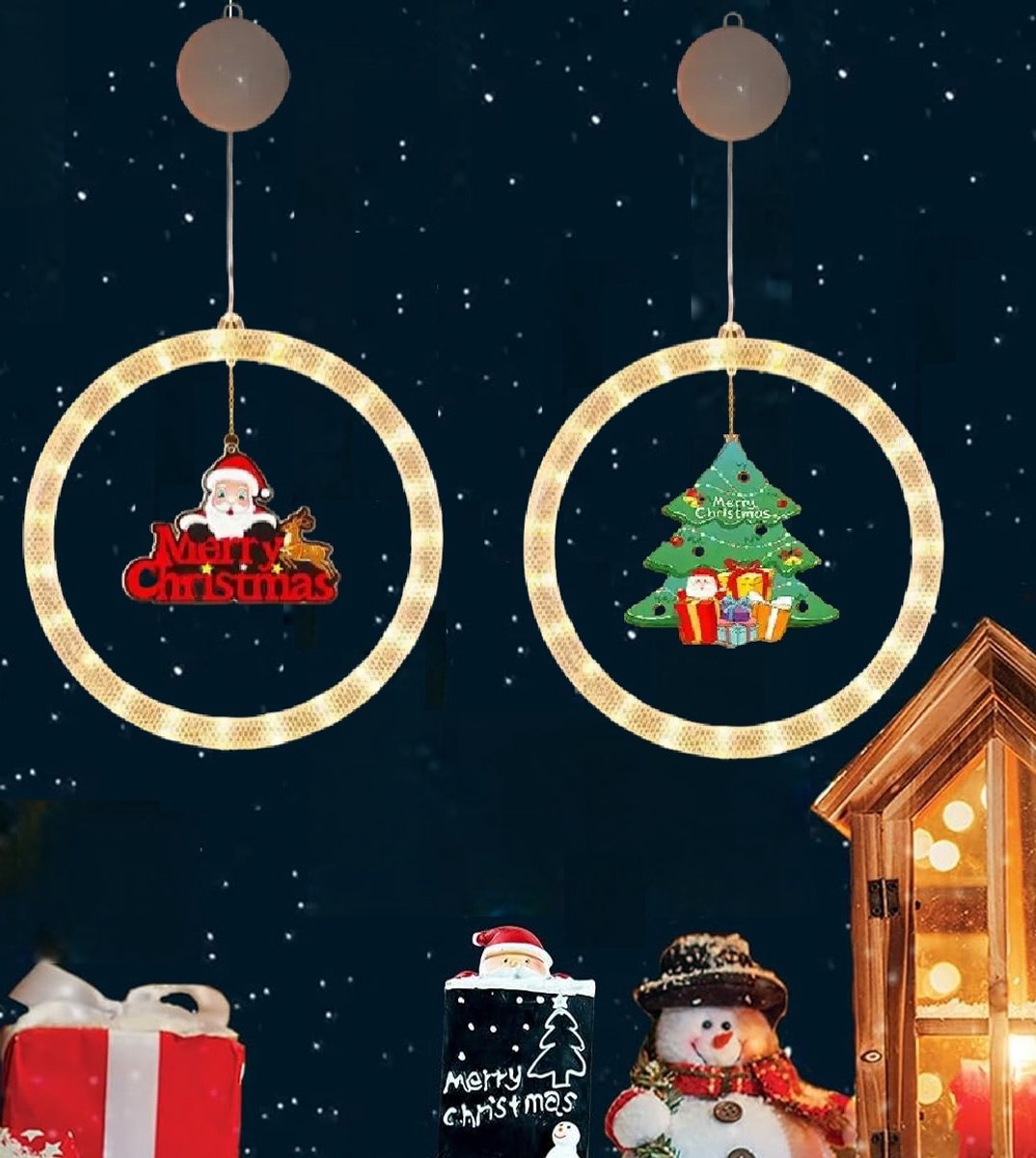 LED kerstverlichting(Set van 2 -zuignappen) - Kerst LED-Looplicht 2 stuks – Kerstboom & Kerstman - met honingraatontwerp - meerdere automatische lichtmodi - Ø27,6 cm - warm wit