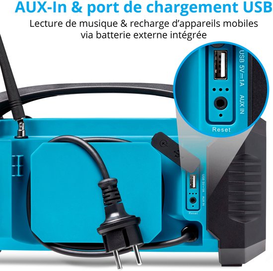 Close-up van de achterkant van een blauwe radio, die de AUX-in, USB-poort en resetknop laat zien. Met de tekst "AUX-In & port de chargement USB"