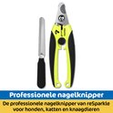 Gele nagelknipper met zwarte handgrepen en vijl op witte achtergrond. Tekst: Professionele nagelknipper van reSparkle voor honden, katten en knaagdieren.
