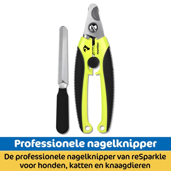 Gele nagelknipper met zwarte handgrepen en vijl op witte achtergrond. Tekst: Professionele nagelknipper van reSparkle voor honden, katten en knaagdieren.