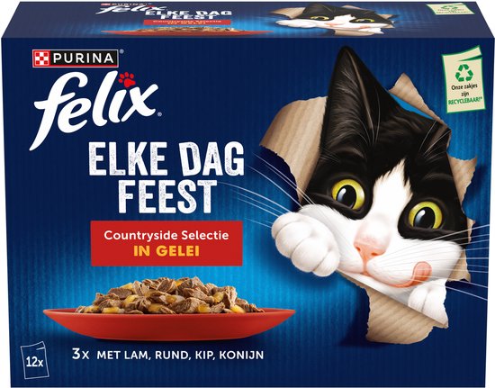 Felix Elfe Dag Feest Countryside Selectie in gelei, 12 x 85g kattenvoer, met een kat die uit de doos kijkt.