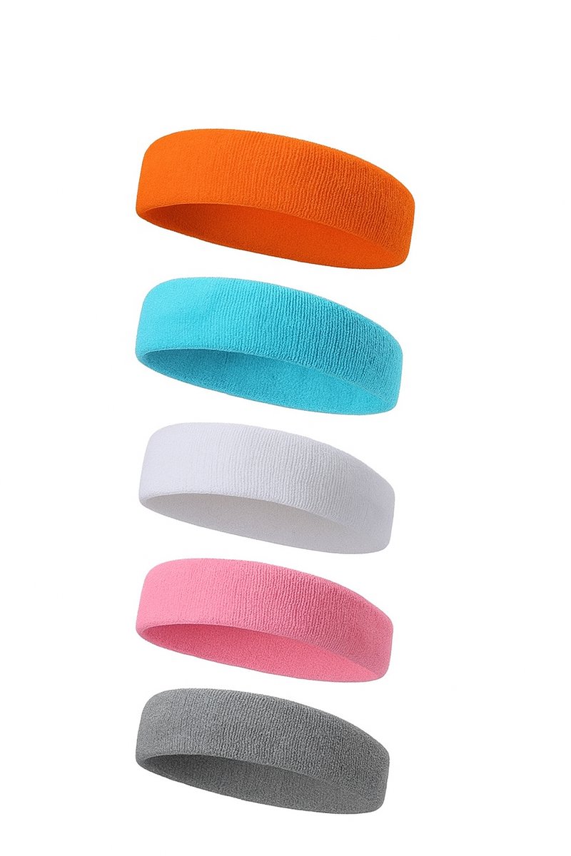 5 stuks Sporthoofdband voor dames en heren, zweetbanden voor voorhoofd, badstof, sport, voor hardlopen, fietsen, joggen, tennis, voetbal