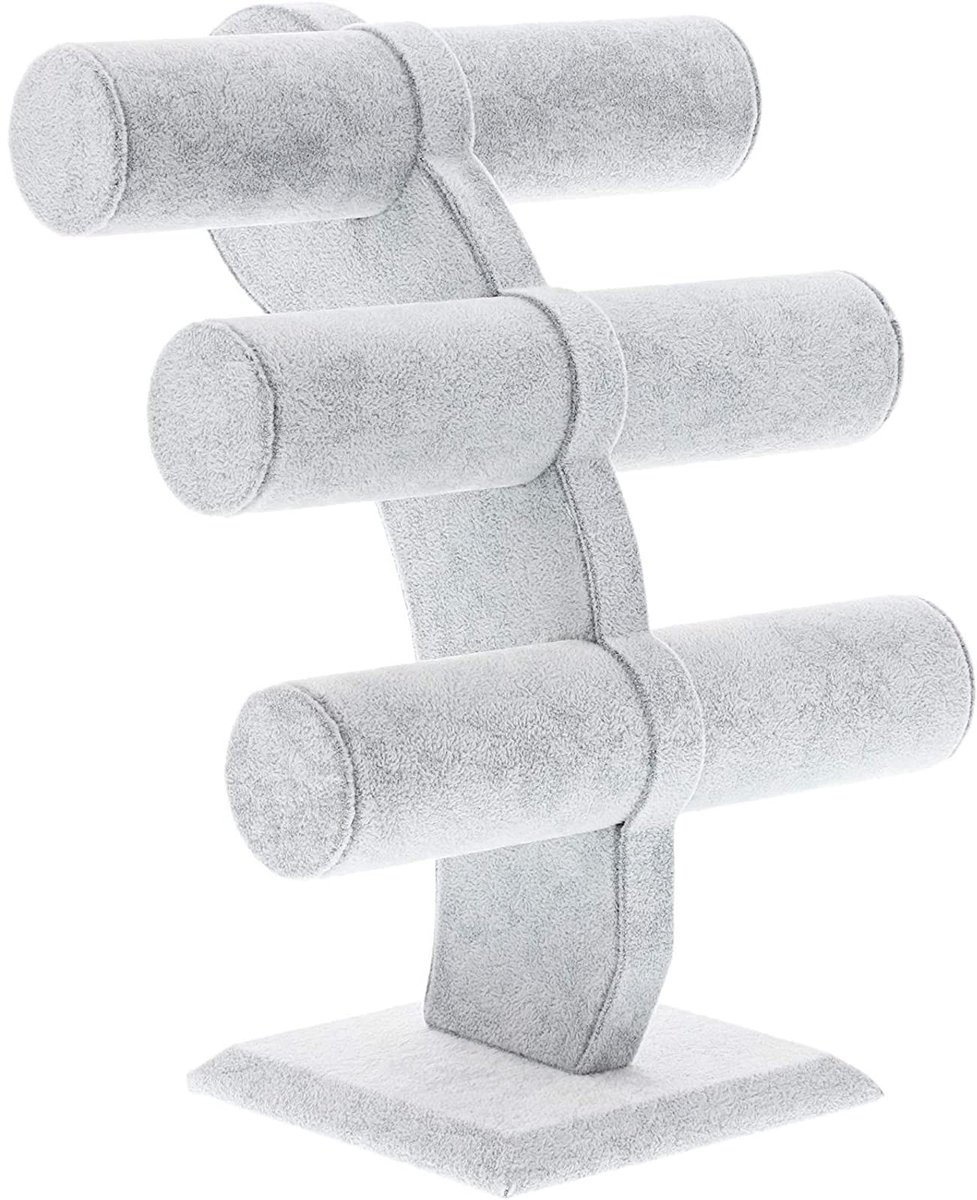 Grijze fluwelen T-Bar armbandhouder - 3-laags sieradendisplay, 30,5 x 24 x 14 cm