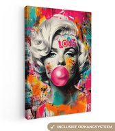 Canvas schilderij 80x120 cm - Wanddecoratie Vrouw - Kauwgom - Graffiti - Neonkleuren - Muurdecoratie woonkamer - Slaapkamer decoratie - Kamer accessoires - Schilderijen op canvas