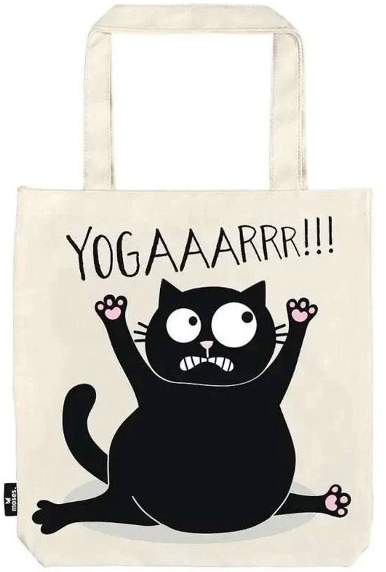Wit katoenen tasje met een zwarte kat in een yogahouding, met geschrokken gezicht en tekst "YOGAAAARRR!!!".