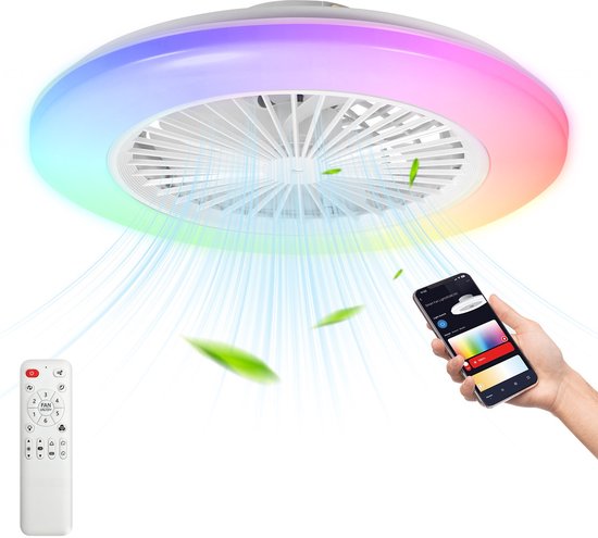 RGB Plafondventilator met verlichting - LED plafondlamp met ventilator Inclusief Afstandsbediening - 6 snelheden - dimbaar - Zwart & Wit