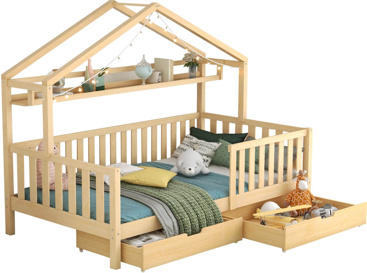 Merax Kajuitbed - Kinderbed - massief hout met lattenbodem - grenen huisbed met lades - 90x200cm - natuurlijke kleur - zonder matras Houtkleur
