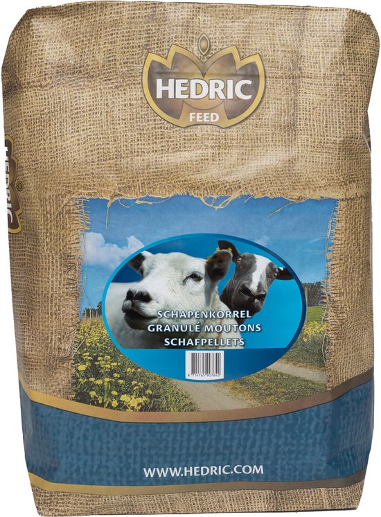 Zak met HEDRIC FEED schapenkorrels, met twee schapen op de voorkant. "SCHAPENKORREL GRANULÉ MOUTONS SCHAAPPELLOTS"