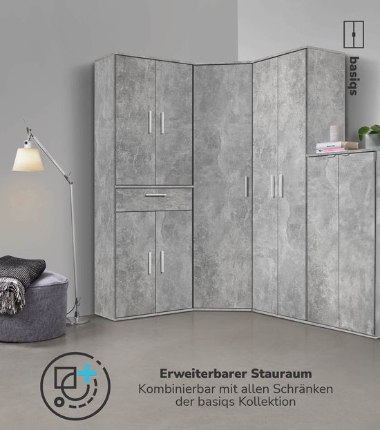 Hoekopstelling van grijze kasten met betonlook, deuren, een lade en diverse modules.