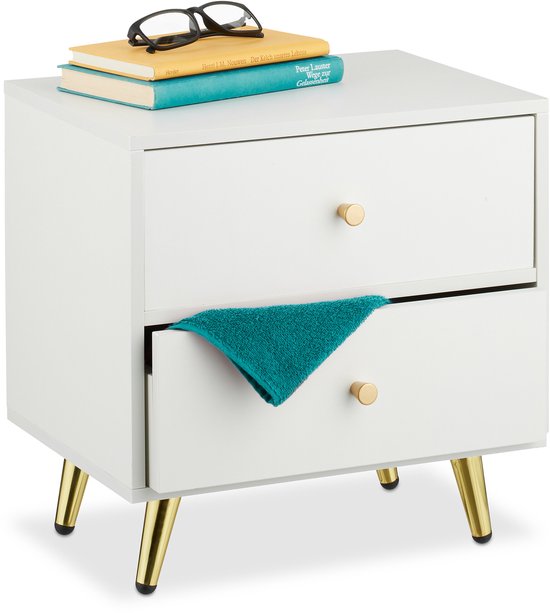 Nachtkastje met 2 lades - 41,5 x 40 x 32,5 cm - gouden poten - wit