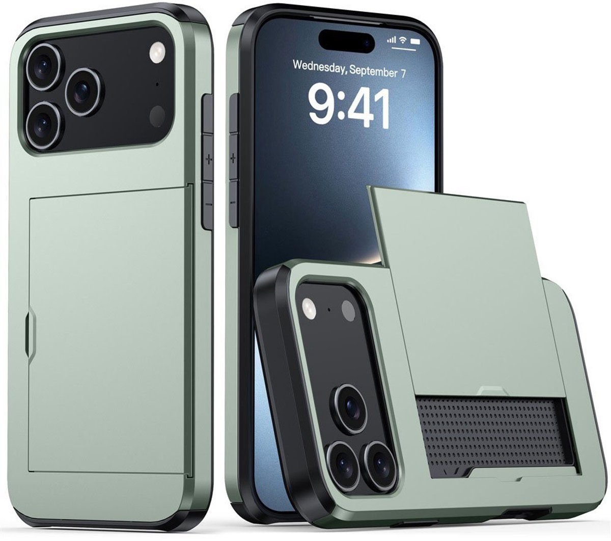 Mobiq - Hybrid Card geschikt voor iPhone 17 Pro Hoesje met Pashouder - groen