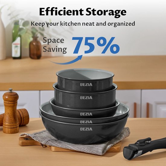 BEZIA Batterie De Cuisine 17 Pièces Induction – Poêles Et Casseroles Céramique Antiadhésive Saine, Poignées Amovibles, Empilable, Sans PTFE/PFOA