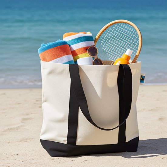 (5 pièces) Fairtrade Shopper robuste fond et poignées en coton OEKO-TEX® coloré, écru/noir
