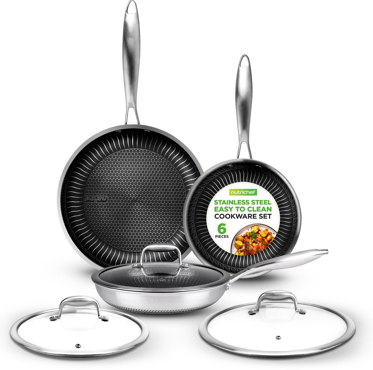 NutriChef 3-deligeKoekenpan Set – 20 cm, 25 cm en 30 cm Roestvrijstalen Antiaanbak Inductie pannen met Deksel,