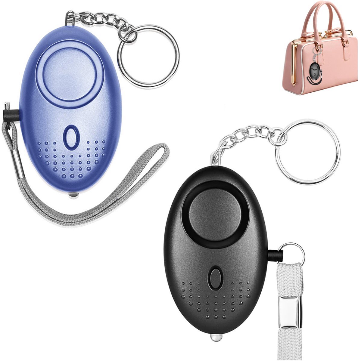 2 Stuks - 140 dB - Persoonlijke Alarm - Met LED Zaklamp En Sleutelhanger - Persoonlijk Zakalarm - Pepperspray - Paniekalarm - Anti Wolf Fluitje - Sleutelhanger - Voor Vrouwen, Meisjes En Ouderen - Verjagen/Afschrikken/Zelfverdediging - Blauw & Zwart