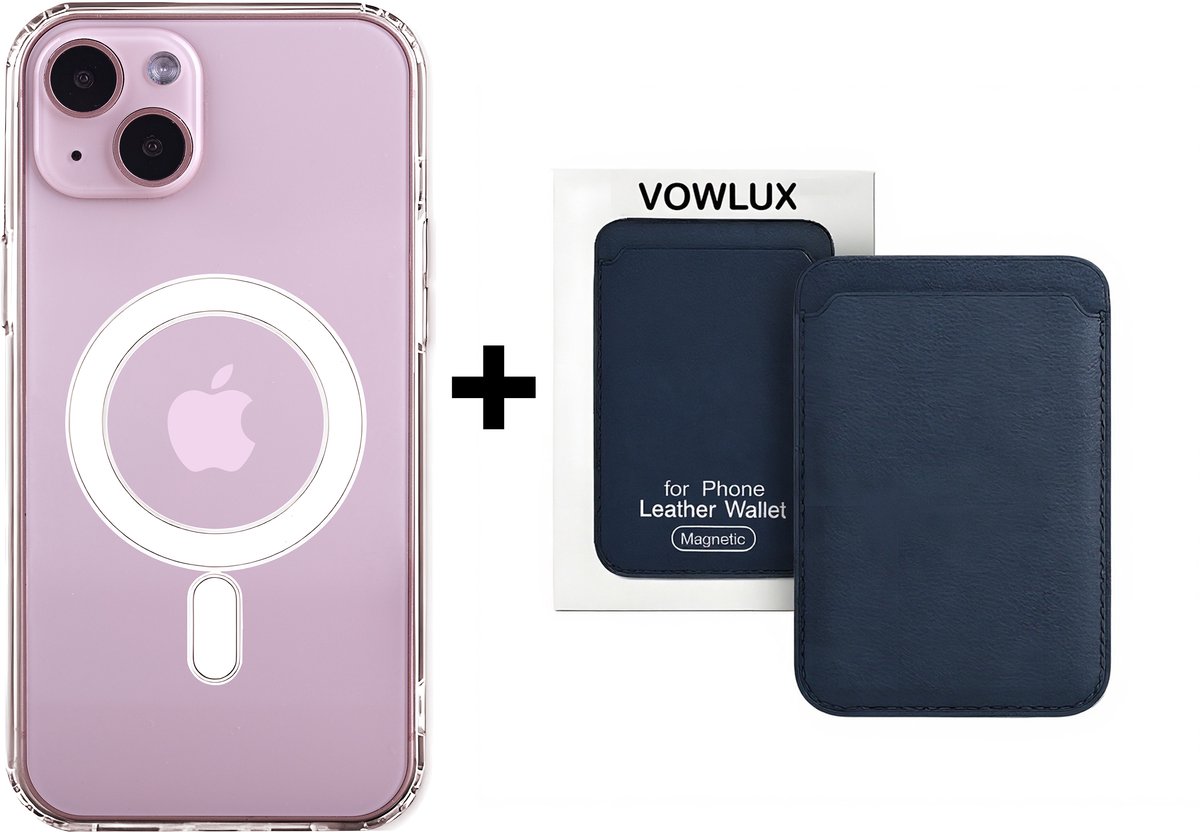 VOWLUX Compatible MagSafe Hoesje voor iPhone 12 Transparant – Inclusief Blauwe Wallet Pasjeshouder – 24 Magneten – Kunstleer – 3 Kaarten – Shockproof Case