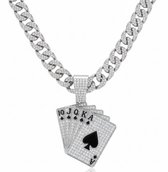 Chaîne à maillons argentée avec pendentif jeu de cartes - collier pour homme - avec strass - pendentif fantaisie - maillons larges