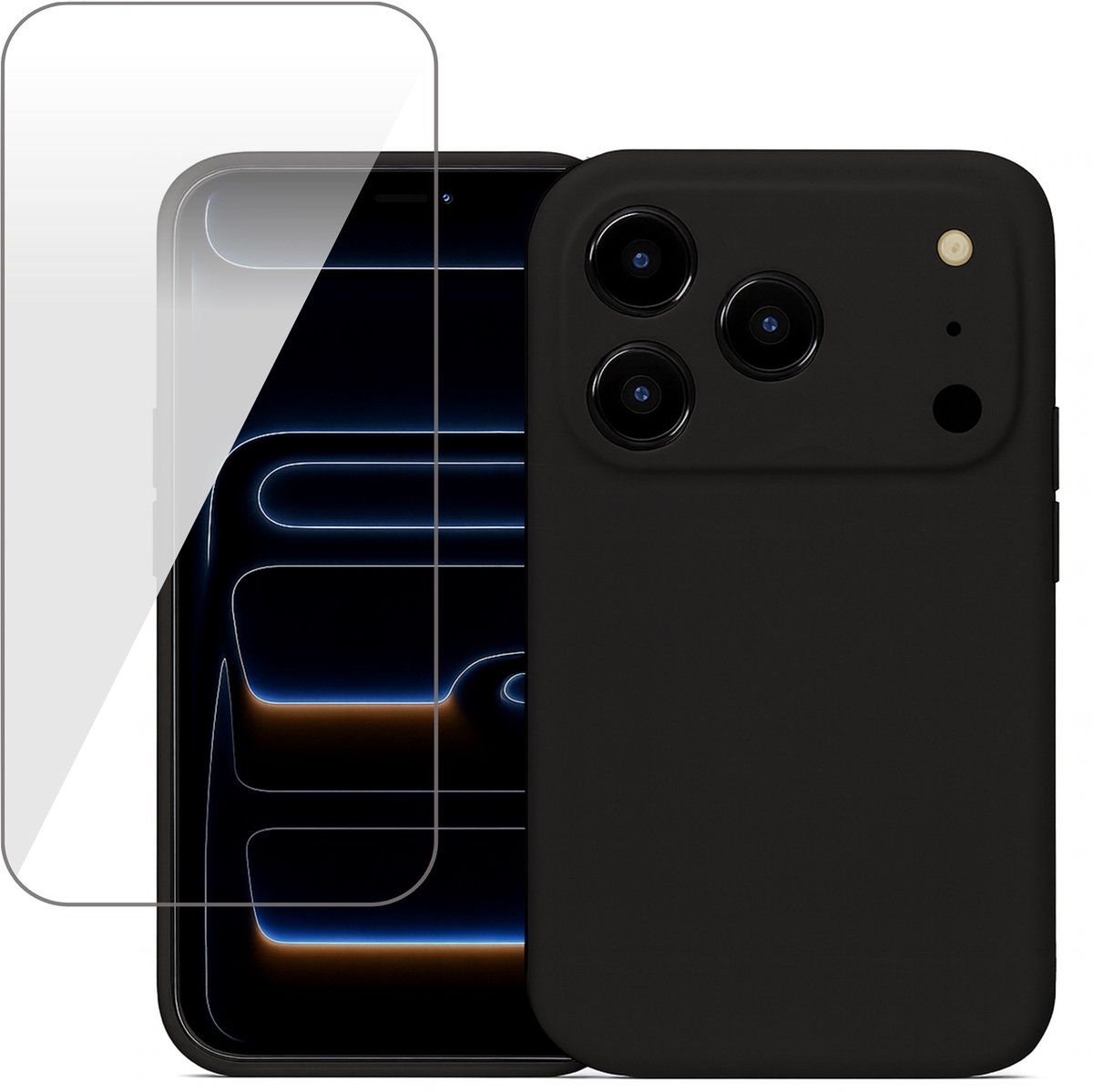 Hoesje geschikt voor iPhone 17 Pro Max - Screenprotector Glas - Mat Back Case Zwart