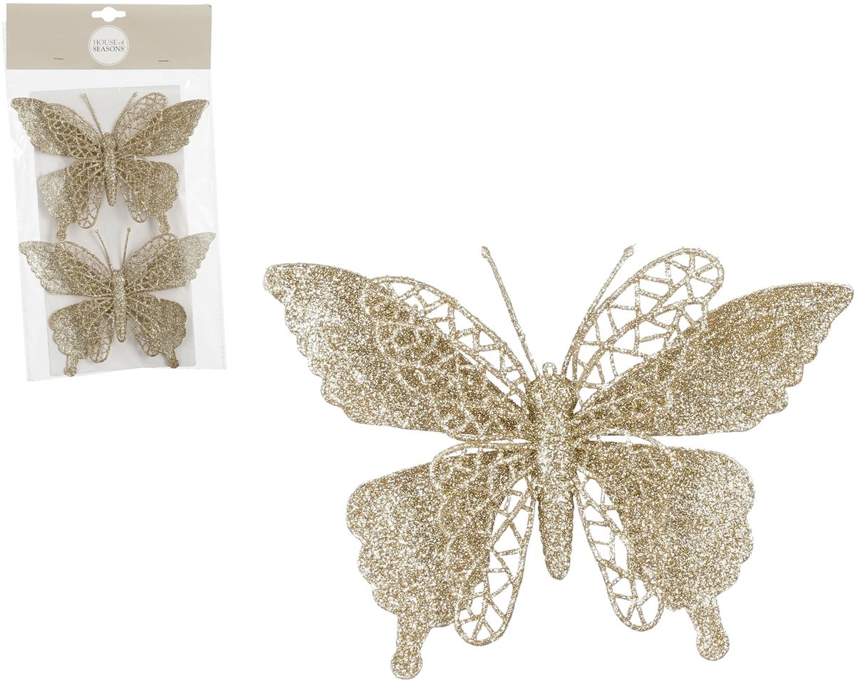 House of Seasons Kerstboomversiering Vlinder - 2x stuks - 12 cm - champagne glitter - op clip
