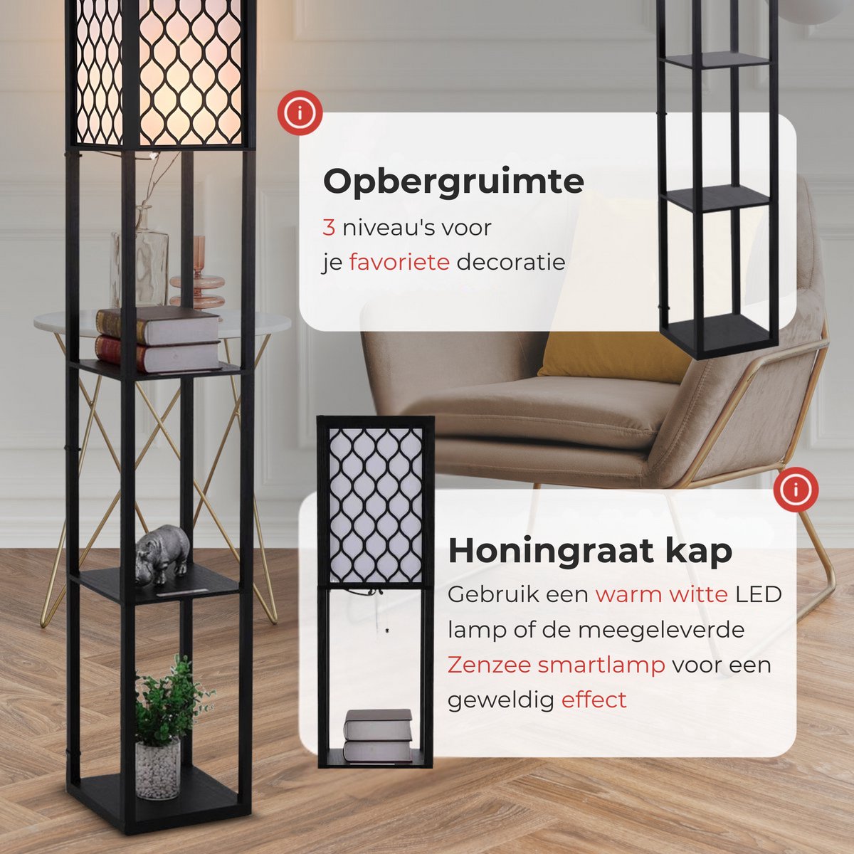 Vloerlamp - Staande lamp - Stalamp - Met opbergruimte - 26L x 26B x 160H cm - Zwart thumbnail 4