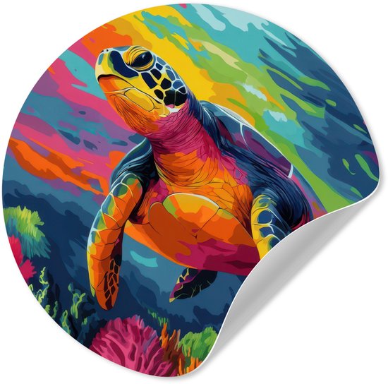 Een schildpad met een kleurrijke, abstracte achtergrond. Zelfklevend.